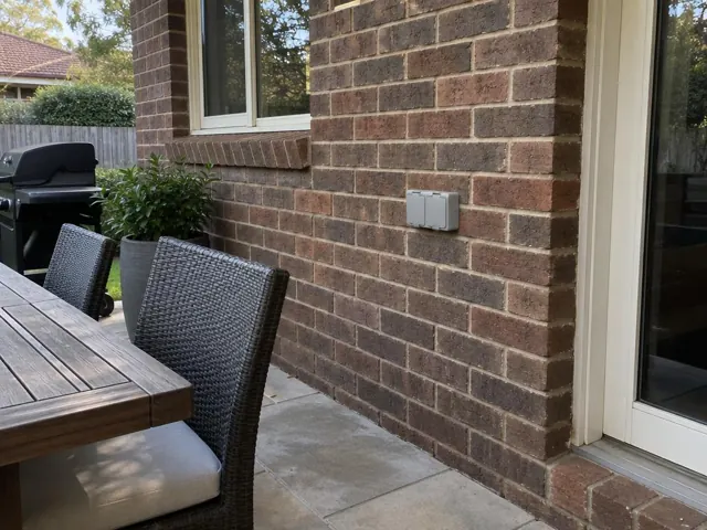 Outdoor power point on a brick wall beside a patio and sliding door in Thornleigh